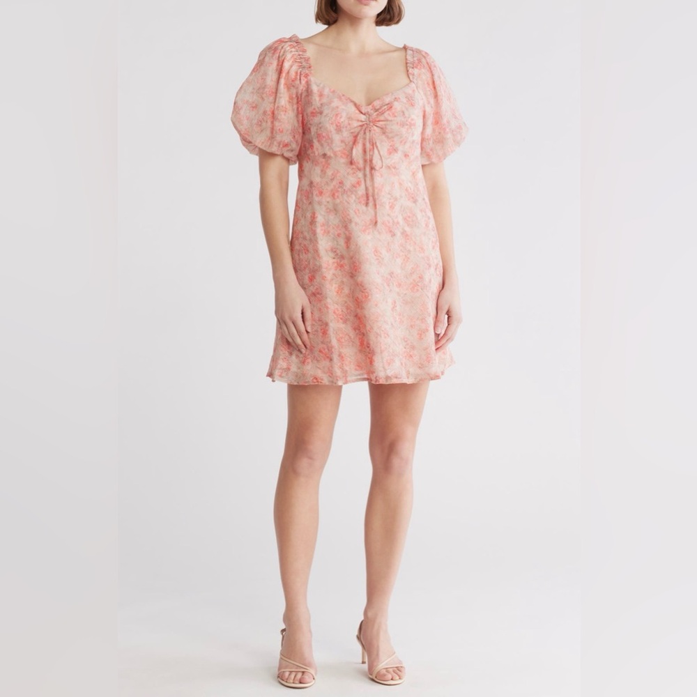 Lush Pink Floral Short‎ Puff Sleeve Mini Dress